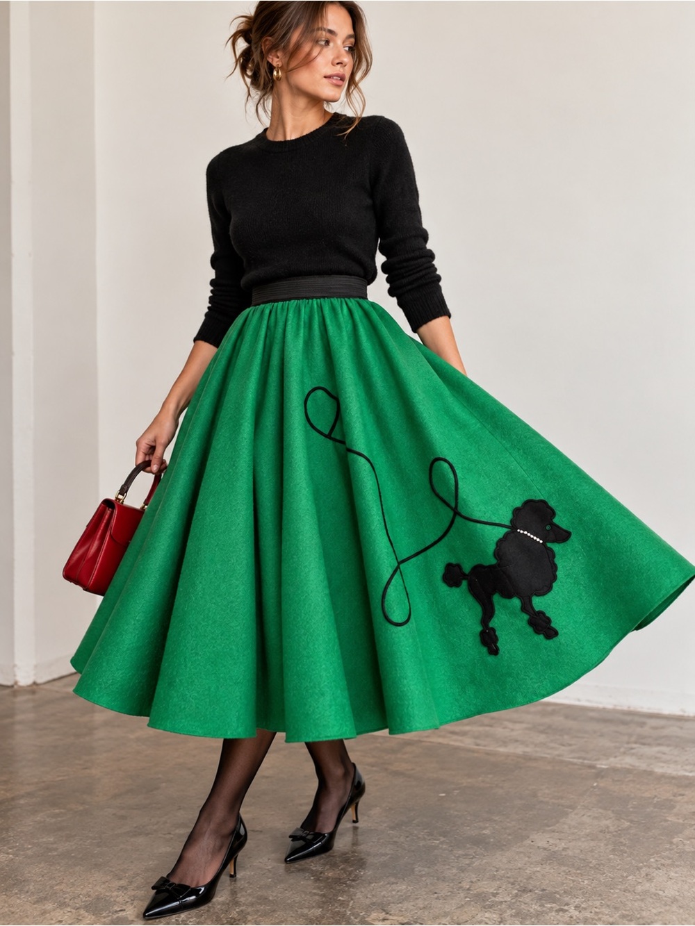 Vintage Judy’s Collection Poodle Circle Skirt Green Felt 50s Style M L